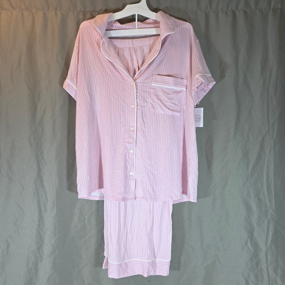Auden Cloud Knit Pajama Set Pink Stripe Short Sleeve Shirt Cropped Pant Medium